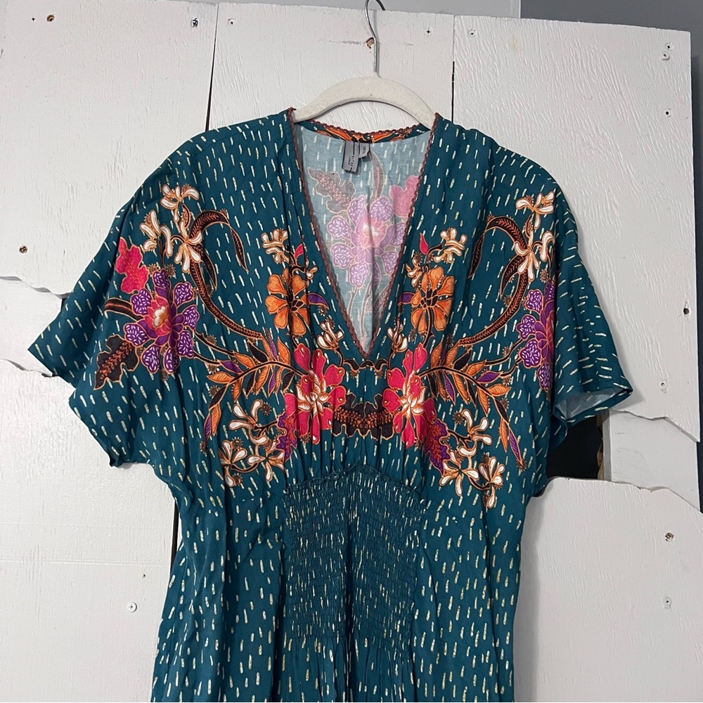Anthropologie Blank London Teal Floral Print Tatiana Kaftan Dress One Size - Picture 3 of 14
